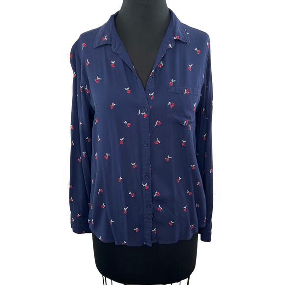 RAILS Kate Navy Cherries Button-Down Long Sleeve Rayon Shirt Top Blue Small S - Picture 1 of 7